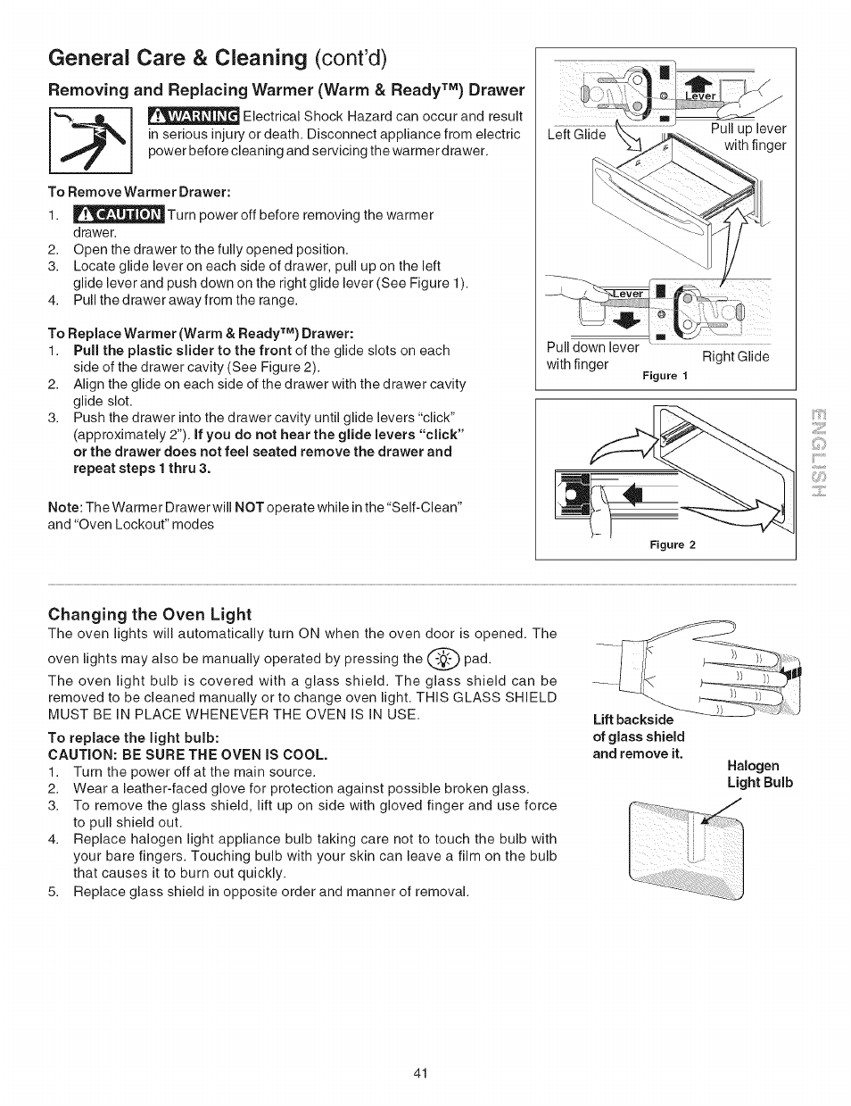 General care & cleaning (confd), To remove warmer drawer, To replace warmer (warm & ready™) drawer | Changing the oven light, Caution: be sure the oven is cool, Halogen light bulb, General care & cleaning -43 | Kenmore ELITE 790.467 User Manual | Page 41 / 44