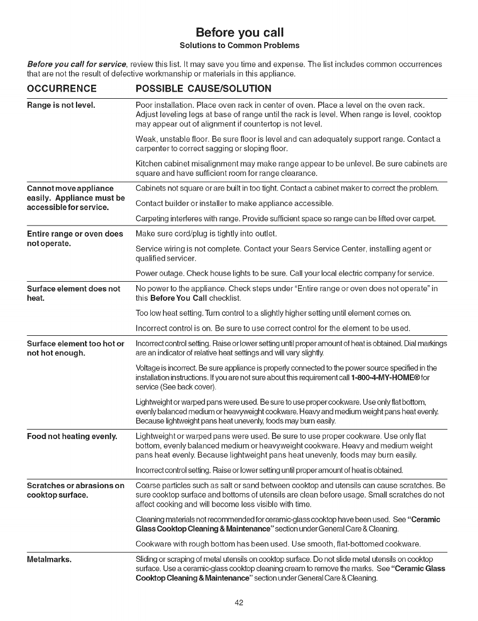 Solutions to common problems, Possible cause/solution, Range is not level | Entire range or oven does not operate, Surface element does not heat, Surface element too hot or not hot enough, Food not heating evenly, Before you call, Occurrence possible cause/solution | Kenmore ELITE 790.467 User Manual | Page 42 / 44