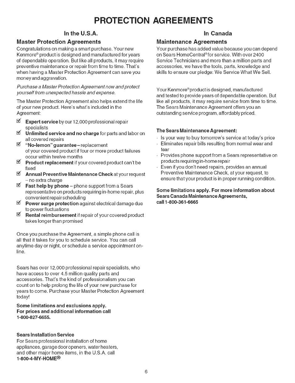 Master protection agreements, In canada, Maintenance agreements | The sears maintenance agreement, Some limitations apply. for more information about, Sears installation service, Protection agreements, Protection agreeivients | Kenmore ELITE 790.467 User Manual | Page 6 / 44