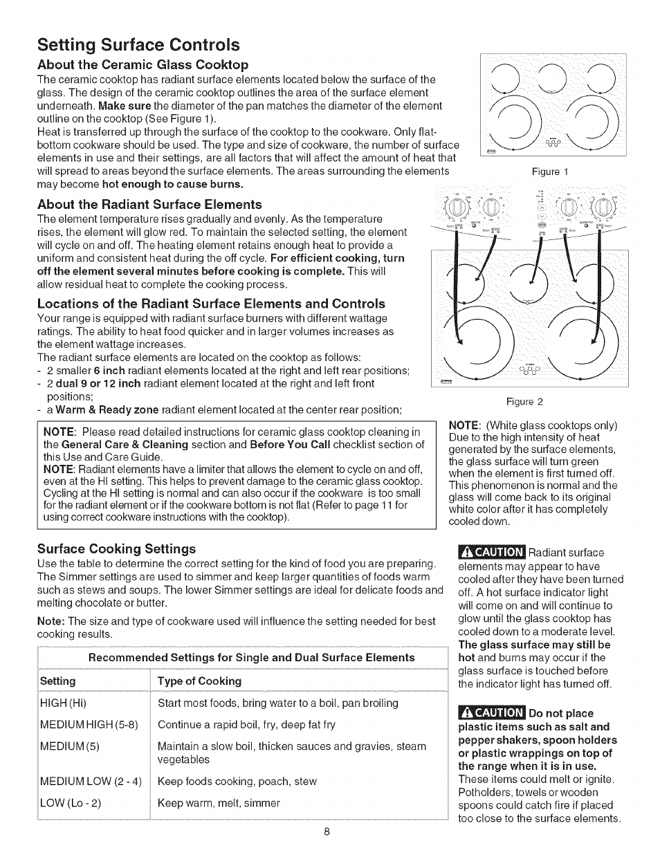 About the ceramic glass cooktop, About the radiant surface elements, Surface cooking settings | Setting, Setting surface controls | Kenmore ELITE 790.467 User Manual | Page 8 / 44