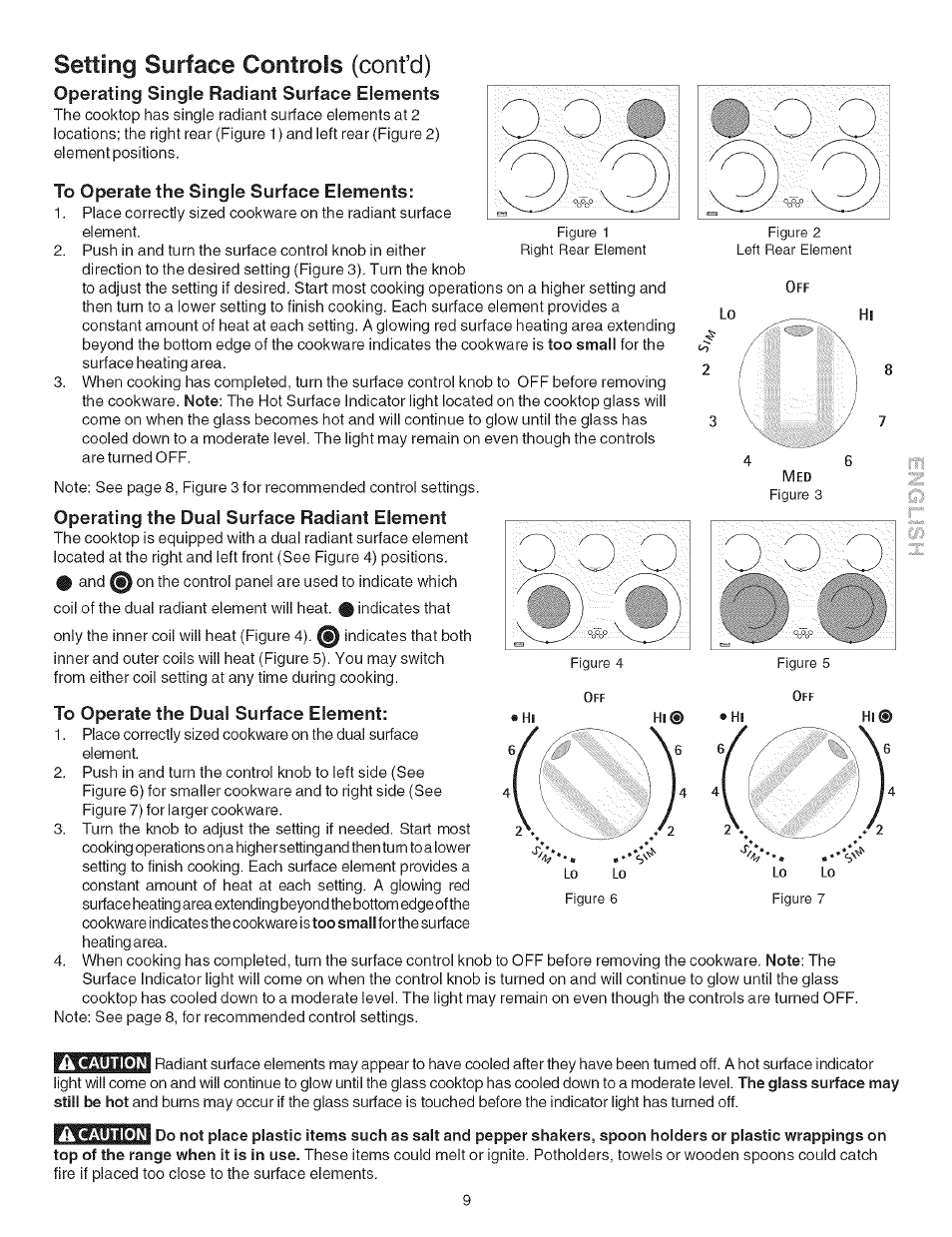 To operate the single surface elements, Operating the dual surface radiant element, To operate the dual surface element | Ik caution, A caution, Setting surface controls (confd), Operating single radiant surface elements | Kenmore ELITE 790.467 User Manual | Page 9 / 44