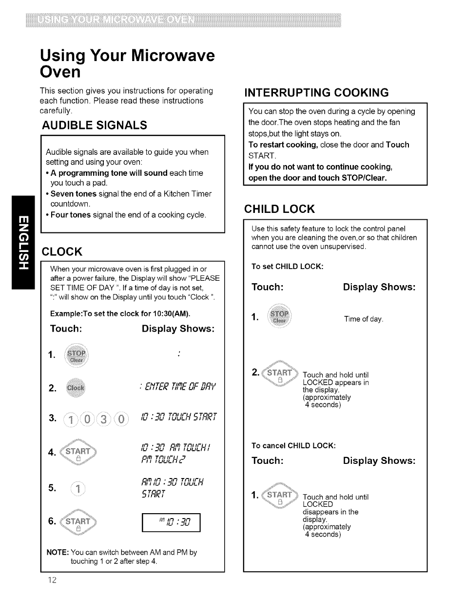 Using your microwave oven, Examp!e;to set the clock for 10;30(am), To set child lock | To cancel child lock, Audible signals, Clock, Interrupting cooking, Child lock, Touch: display shows: 1, 1 :0 3 4. ' f | Kenmore 721.80594 User Manual | Page 12 / 33