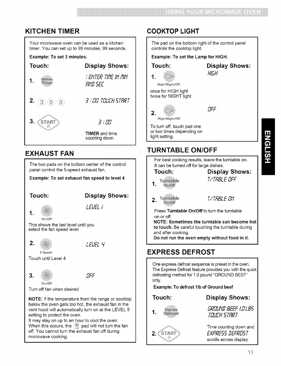 Exhaust fan, Turntable on/off, Express defrost | Kitchen timer cooktop light, Touch: display shows: 1, Touch: display shows, ■■■ - f | Kenmore 721.80594 User Manual | Page 13 / 33