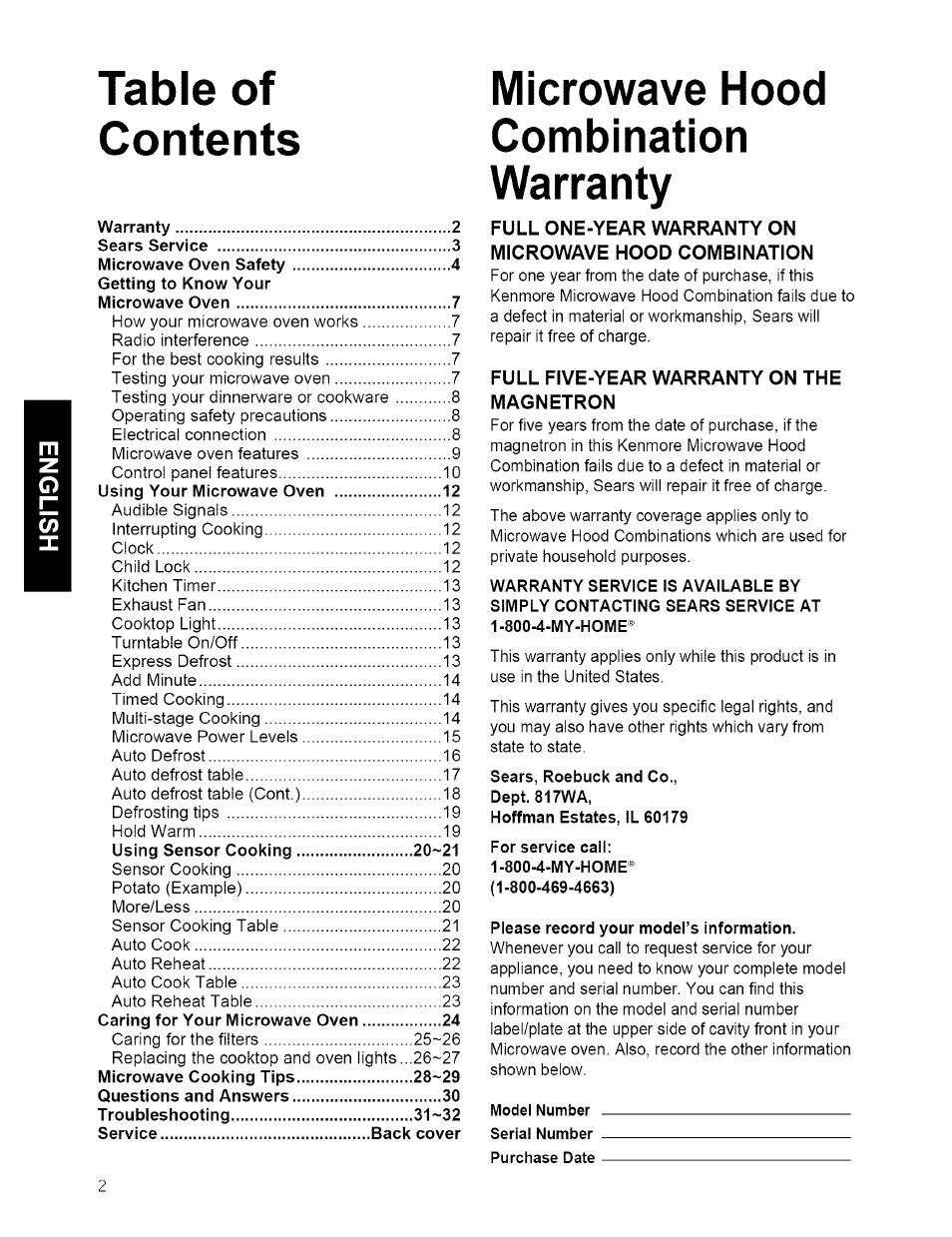 Microwave hood, Combination, Warranty | Kenmore 721.80594 User Manual | Page 2 / 33