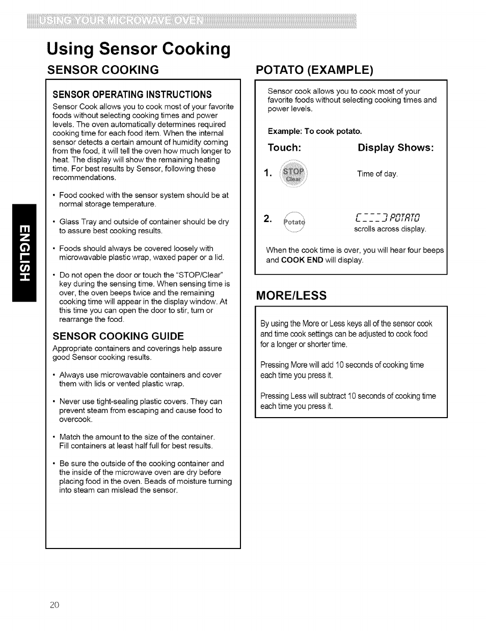 Using sensor cooking, Sensor cooking, Potato (example) | More/less | Kenmore 721.80594 User Manual | Page 20 / 33