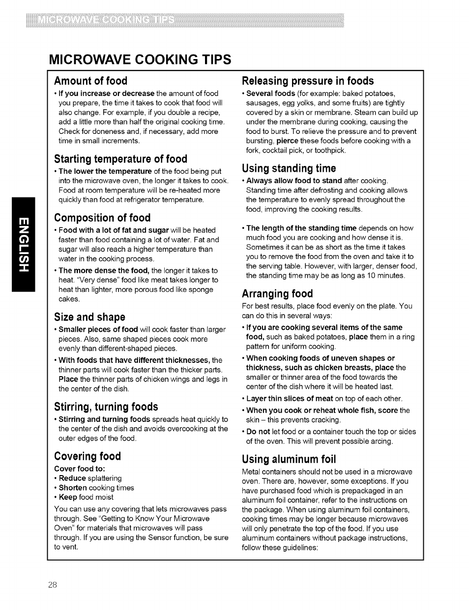 Cover food to, Microwave cooking tips | Kenmore 721.80594 User Manual | Page 28 / 33