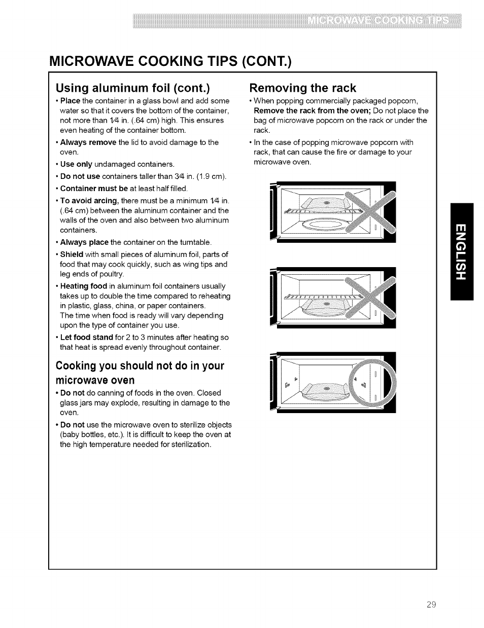 Microwave cooking tips (cont.), Using aluminum foil (cont.) | Kenmore 721.80594 User Manual | Page 29 / 33