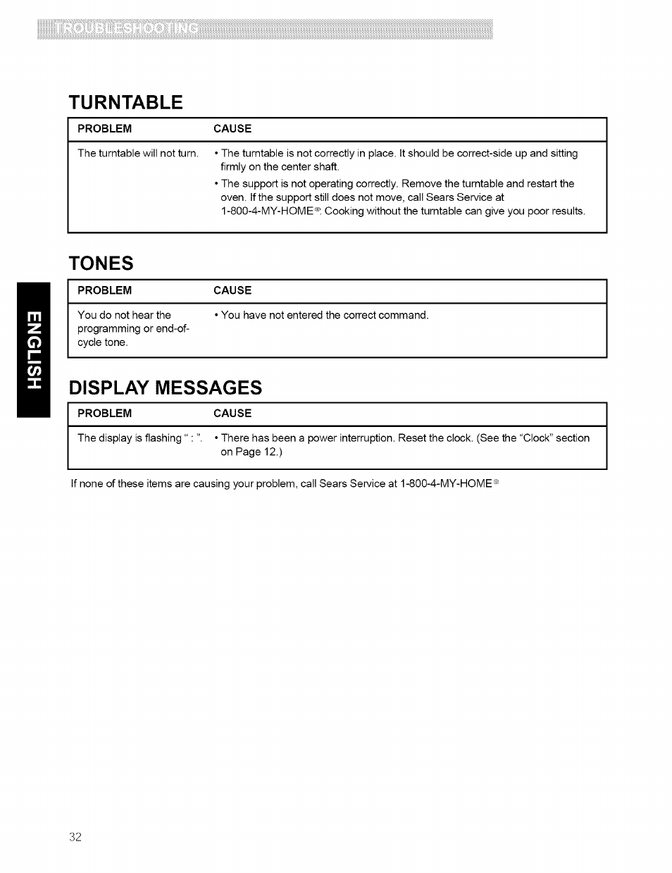 Turntable, Tones, Display messages | Kenmore 721.80594 User Manual | Page 32 / 33