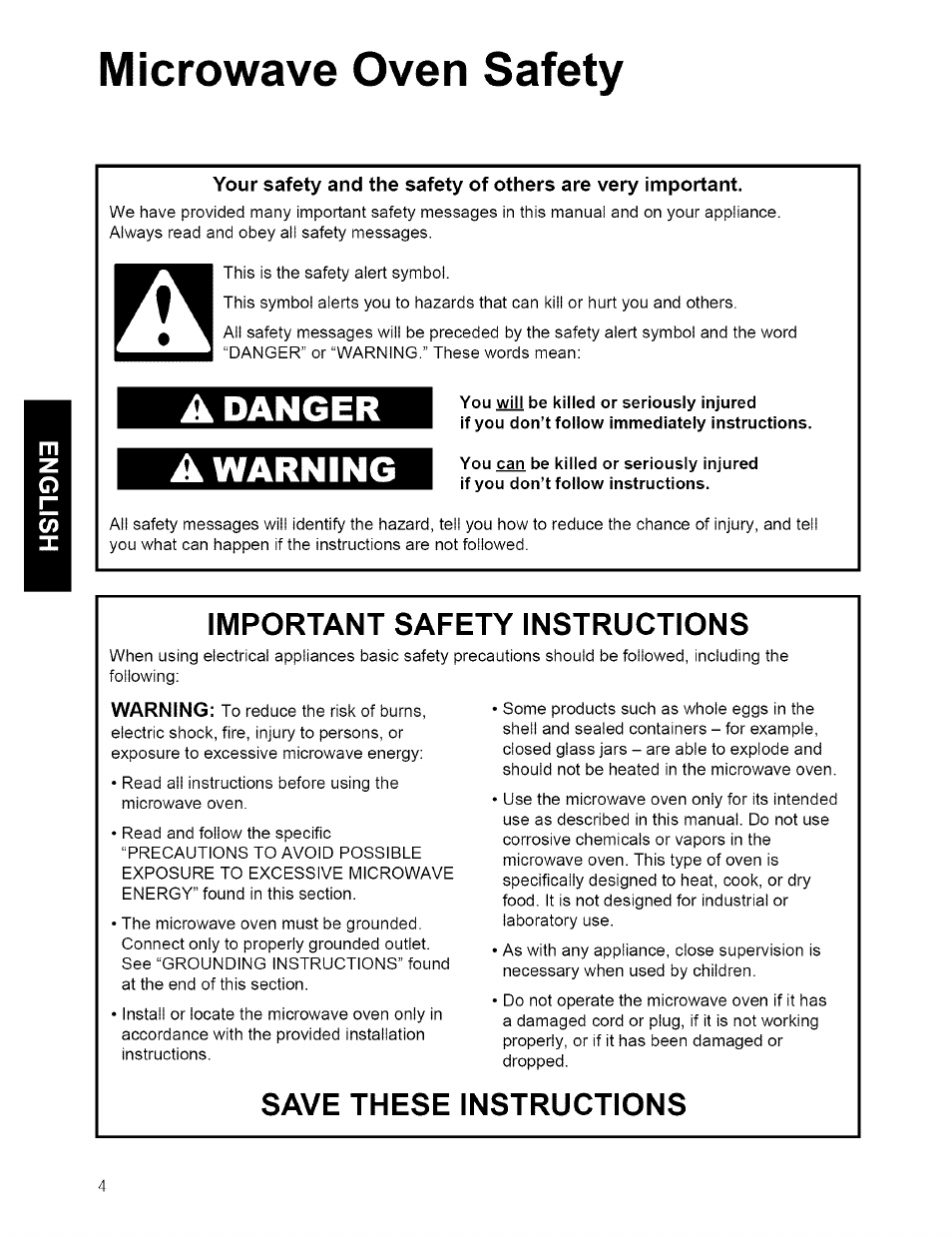 Microwave oven safety, Danger, Warning | Important safety instructions, Save these instructions | Kenmore 721.80594 User Manual | Page 4 / 33