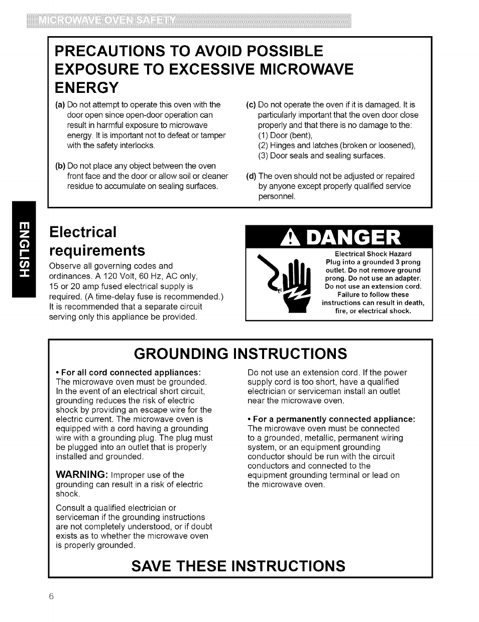 Danger, Electrical requirements, Grounding instructions | Save these instructions | Kenmore 721.80594 User Manual | Page 6 / 33