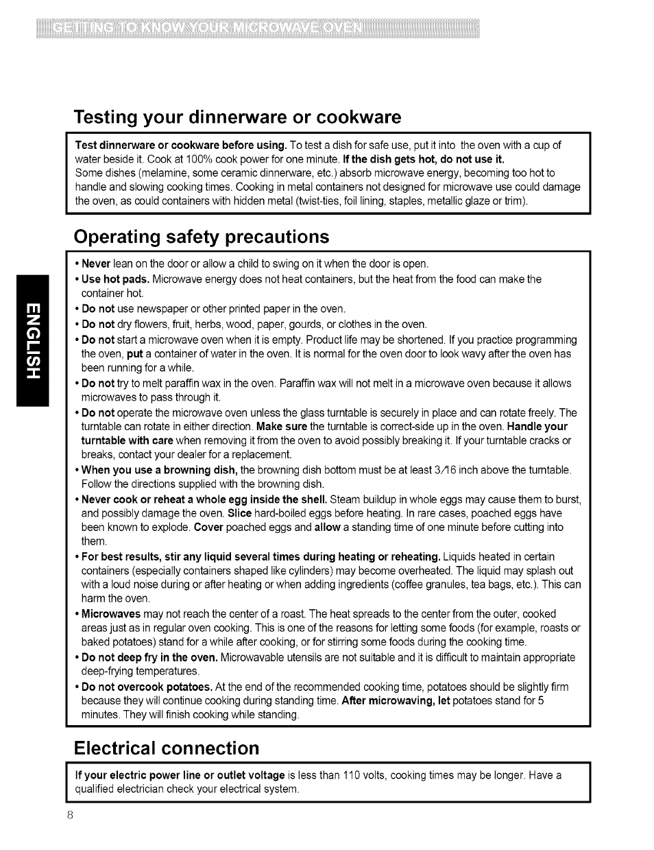 Testing your dinnerware or cookware, Operating safety precautions, Electrical connection | Kenmore 721.80594 User Manual | Page 8 / 33