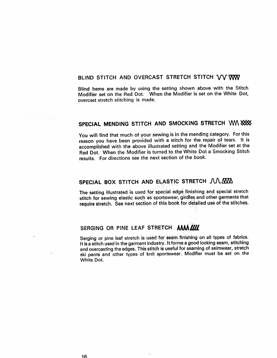 Blind stitch and overcast stretch stitch www, Special mending stitch and smocking stretch, Special box stitch and elastic stretch aaflsb | Serging or pine leaf stretch hhskjm, Hhskjm | Kenmore 1430 User Manual | Page 17 / 50