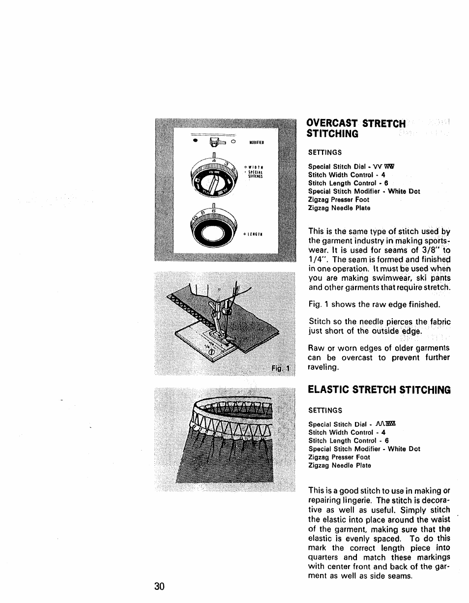 Overcast stretch stitching, Elastic stretch stitching, Fig. 1 settings | Kenmore 1430 User Manual | Page 31 / 50