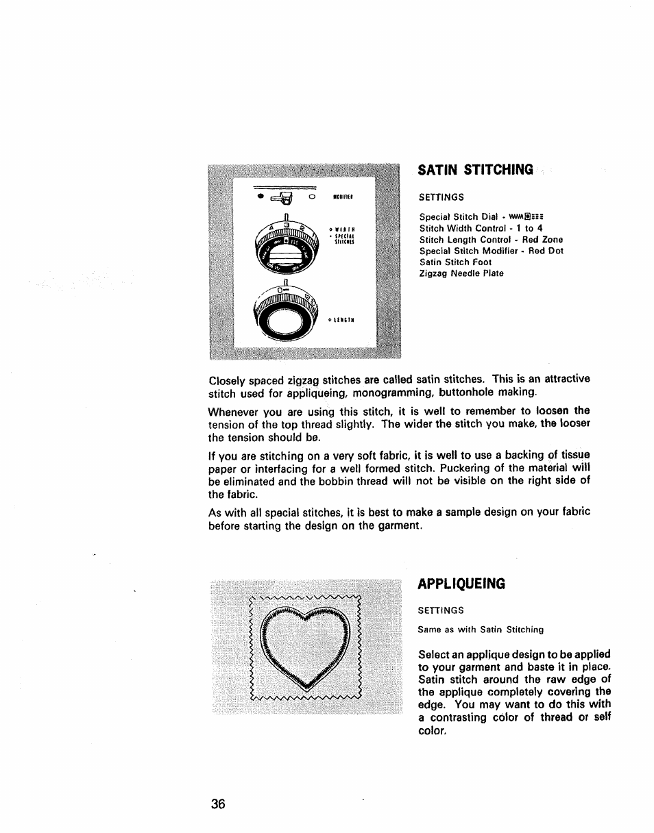 Satin stitching, Appliqueing, Stretch stitching -30 | Kenmore 1430 User Manual | Page 37 / 50