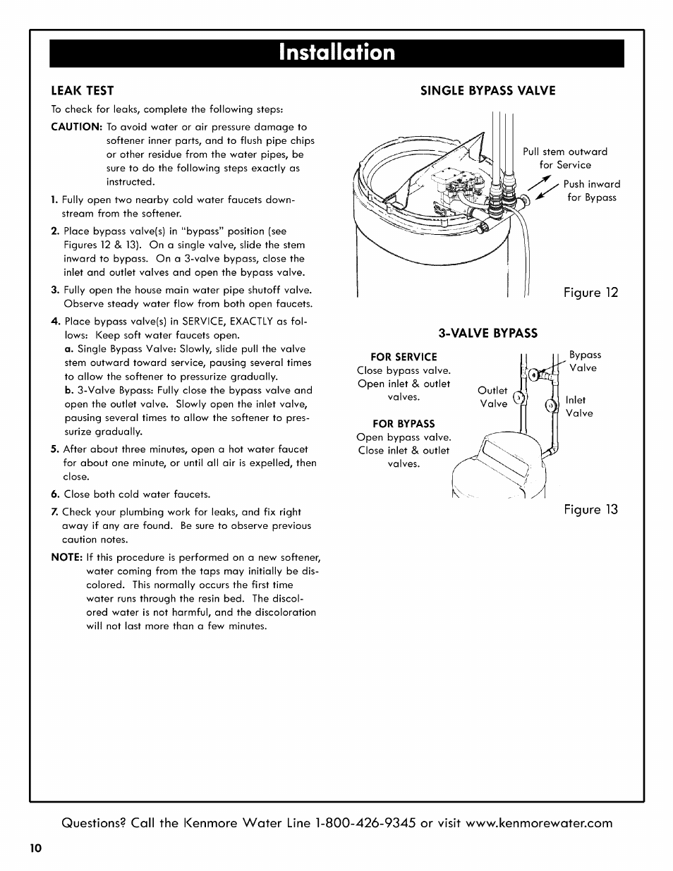 Leak test, Single bypass valve, Valve bypass | Figure 13, Nstallatìon | Kenmore 625.3835 User Manual | Page 10 / 28