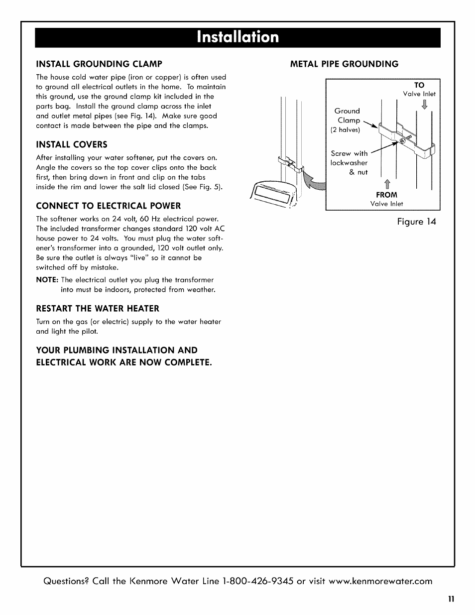 Install grounding clamp, Install covers, Connect to electrical power | Restart the water heater, Nstallation | Kenmore 625.3835 User Manual | Page 11 / 28