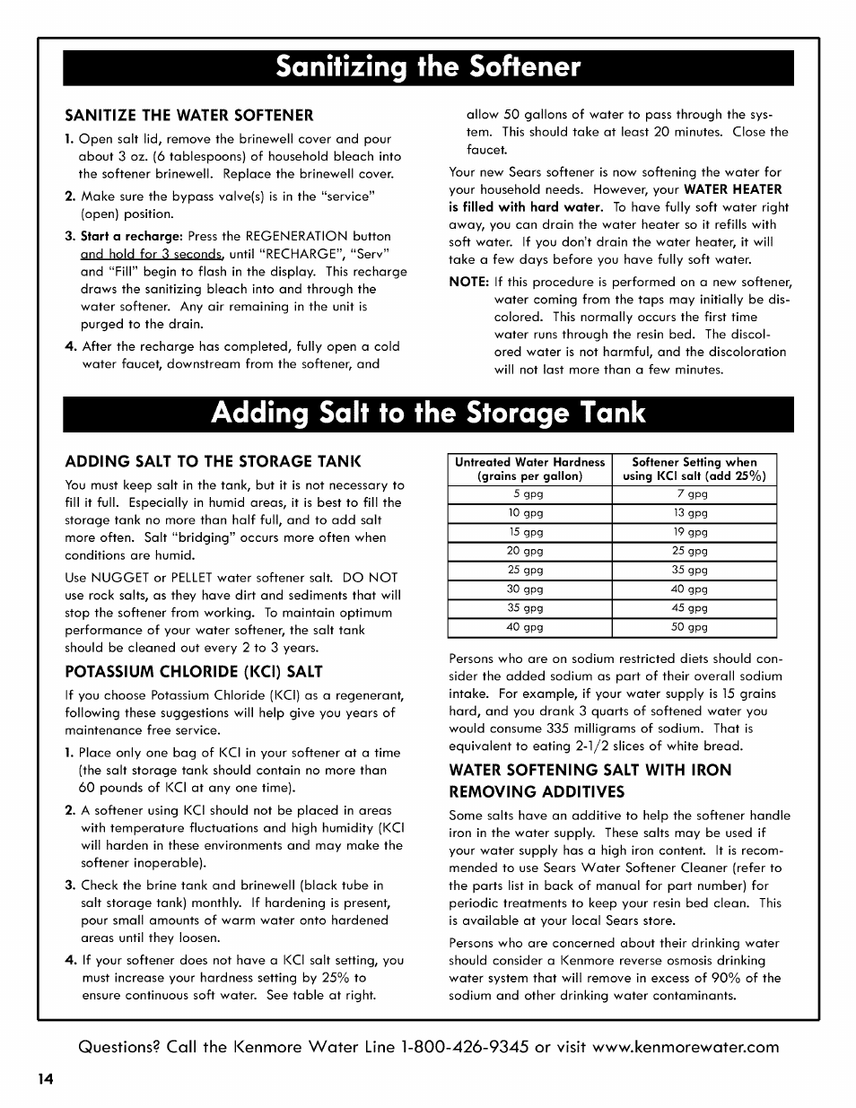 Sanitize the water softener, Adding salt to the storage tank, Potassium chloride (kci) salt | Water softening salt with iron removing additives, Sanitizing the softener | Kenmore 625.3835 User Manual | Page 14 / 28
