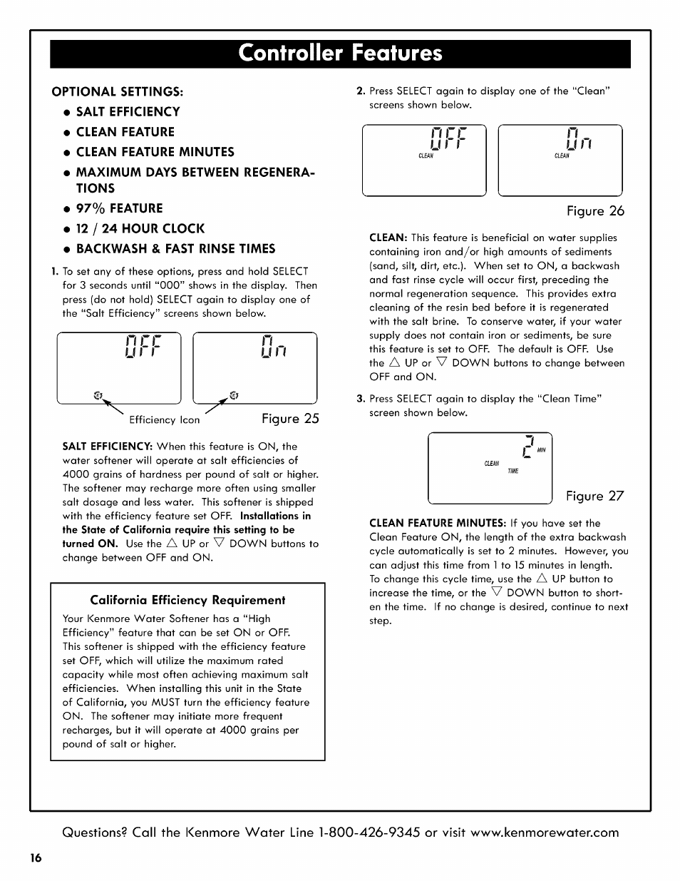 Optional settings, Salt efficiency, Clean feature | Clean feature minutes, Maximum days between regenerations, 97% feature, 12/24 hour clock, Backwash & fast rinse times, Figure 25, Controller features | Kenmore 625.3835 User Manual | Page 16 / 28