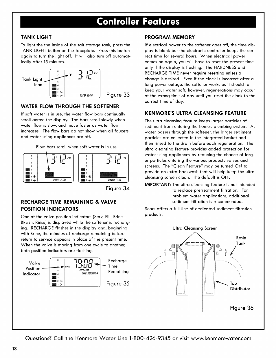 Tank light, Water flow through the softener, Figure 34 | Program memory, Kenmore’s ultra cleansing feature, Controller features, Figure 33, J‘ il, Figure 35 | Kenmore 625.3835 User Manual | Page 18 / 28