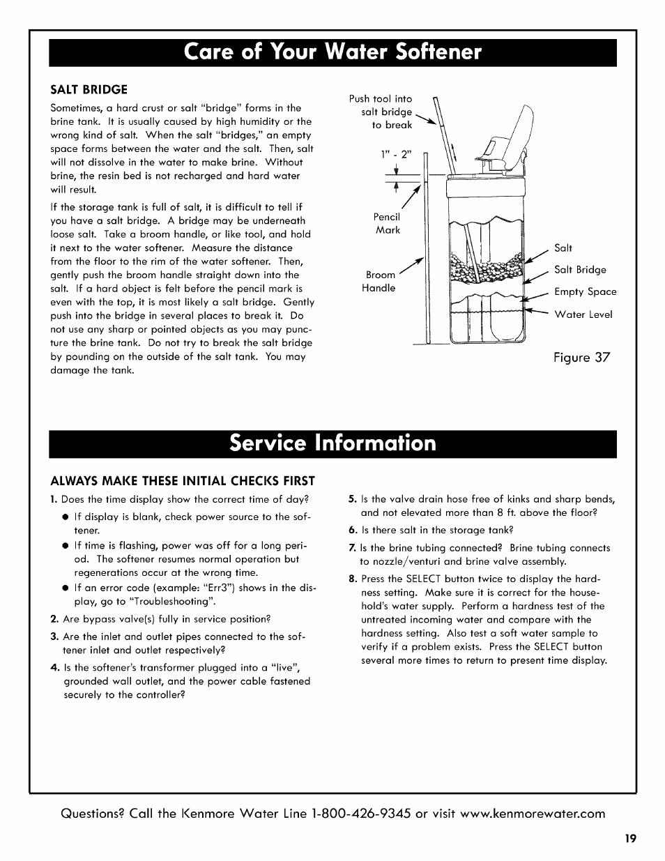 Salt bridge, Service information, Always make these initial checks first | Care of your water softener, Figure 37 | Kenmore 625.3835 User Manual | Page 19 / 28