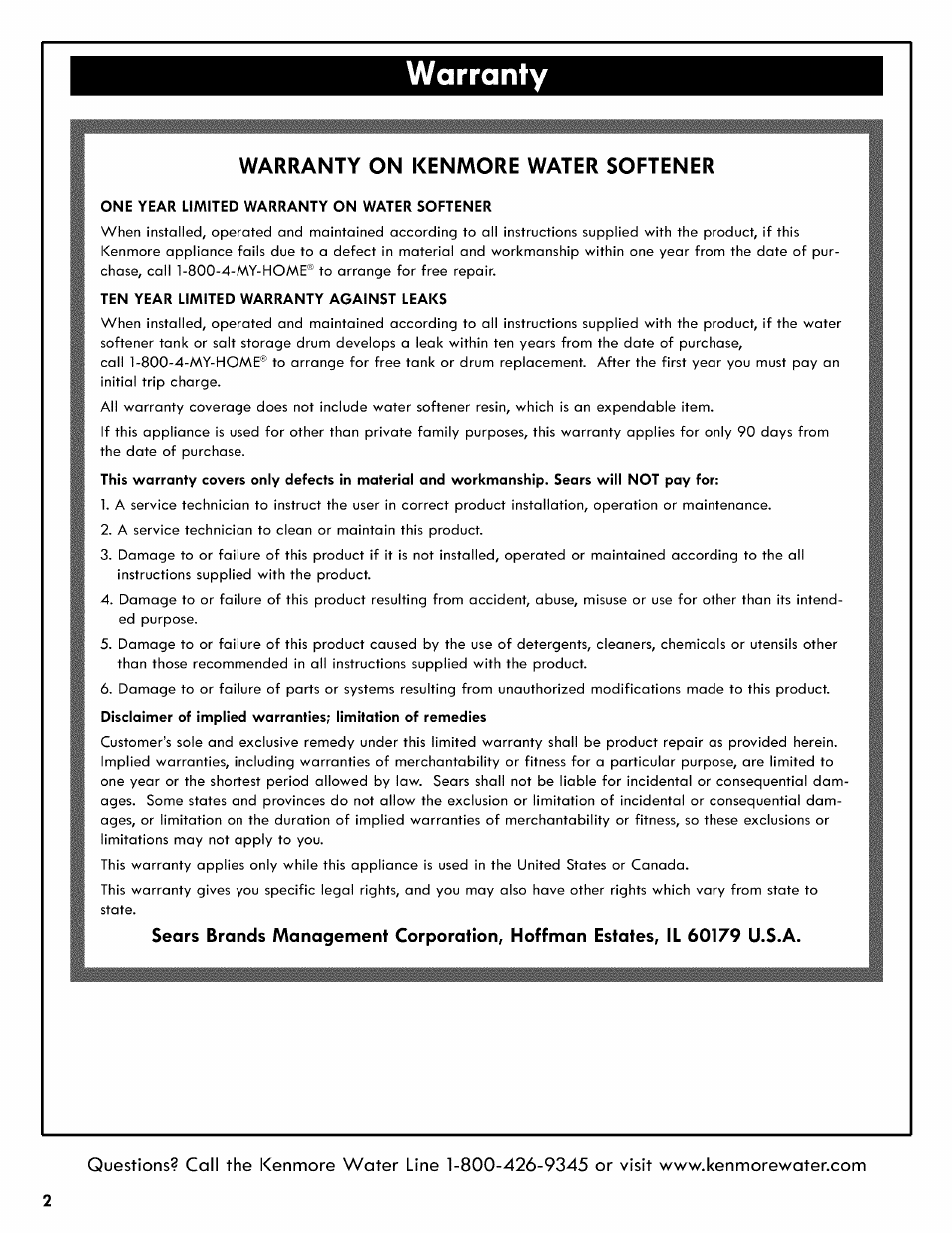 Warranty, Warranty on kenmore water softener | Kenmore 625.3835 User Manual | Page 2 / 28