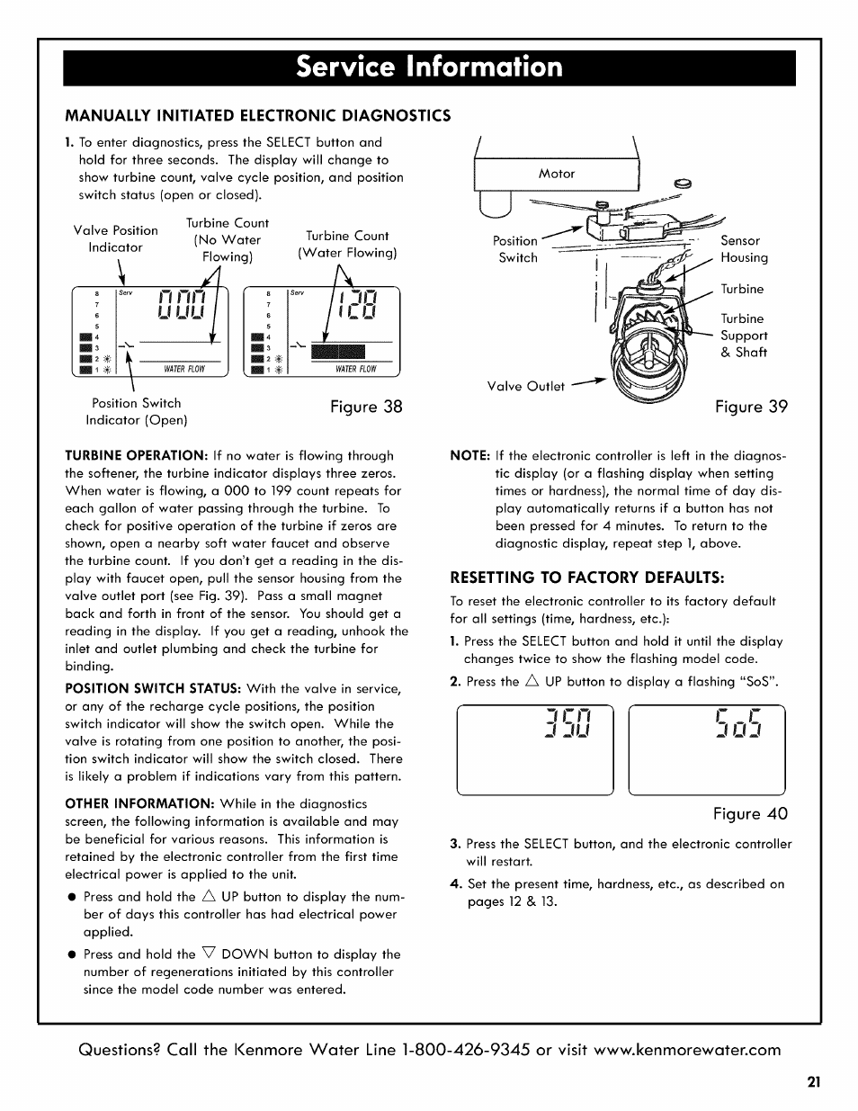 Manually initiated electronic diagnostics, N nri и uu, Figure 38 | Figure 39, Resetting to factory defaults, Service information, Figure 40 | Kenmore 625.3835 User Manual | Page 21 / 28