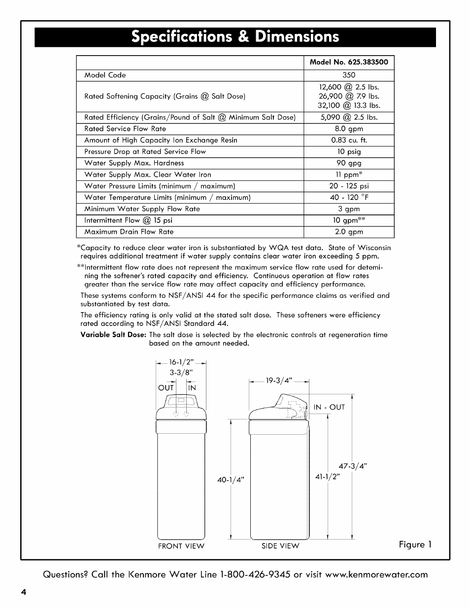 Figure 1, Specifications & dimensions | Kenmore 625.3835 User Manual | Page 4 / 28