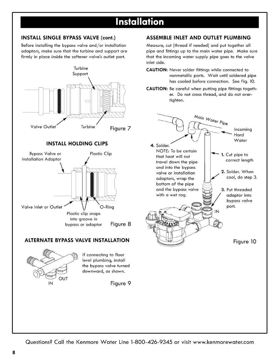 Install single bypass valve (coni.), Install holding clips, Figure 8 | Alternate bypass valve installation, Assemble inlet and outlet plumbing, Figure 9, Nstallatìon, Figure 7 | Kenmore 625.3835 User Manual | Page 8 / 28