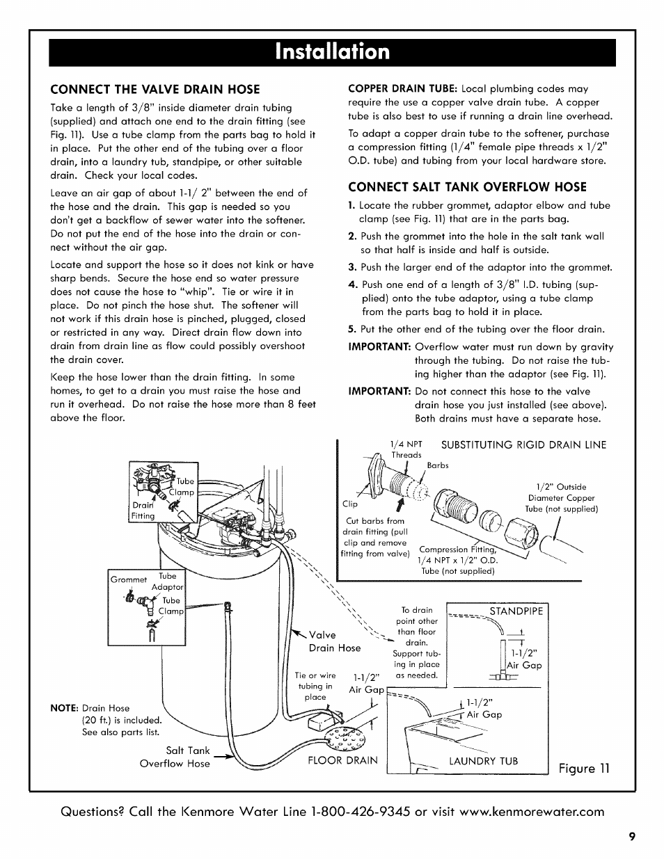 Connect the valve drain hose, Connect salt tank overflow hose, Nstallation | Kenmore 625.3835 User Manual | Page 9 / 28