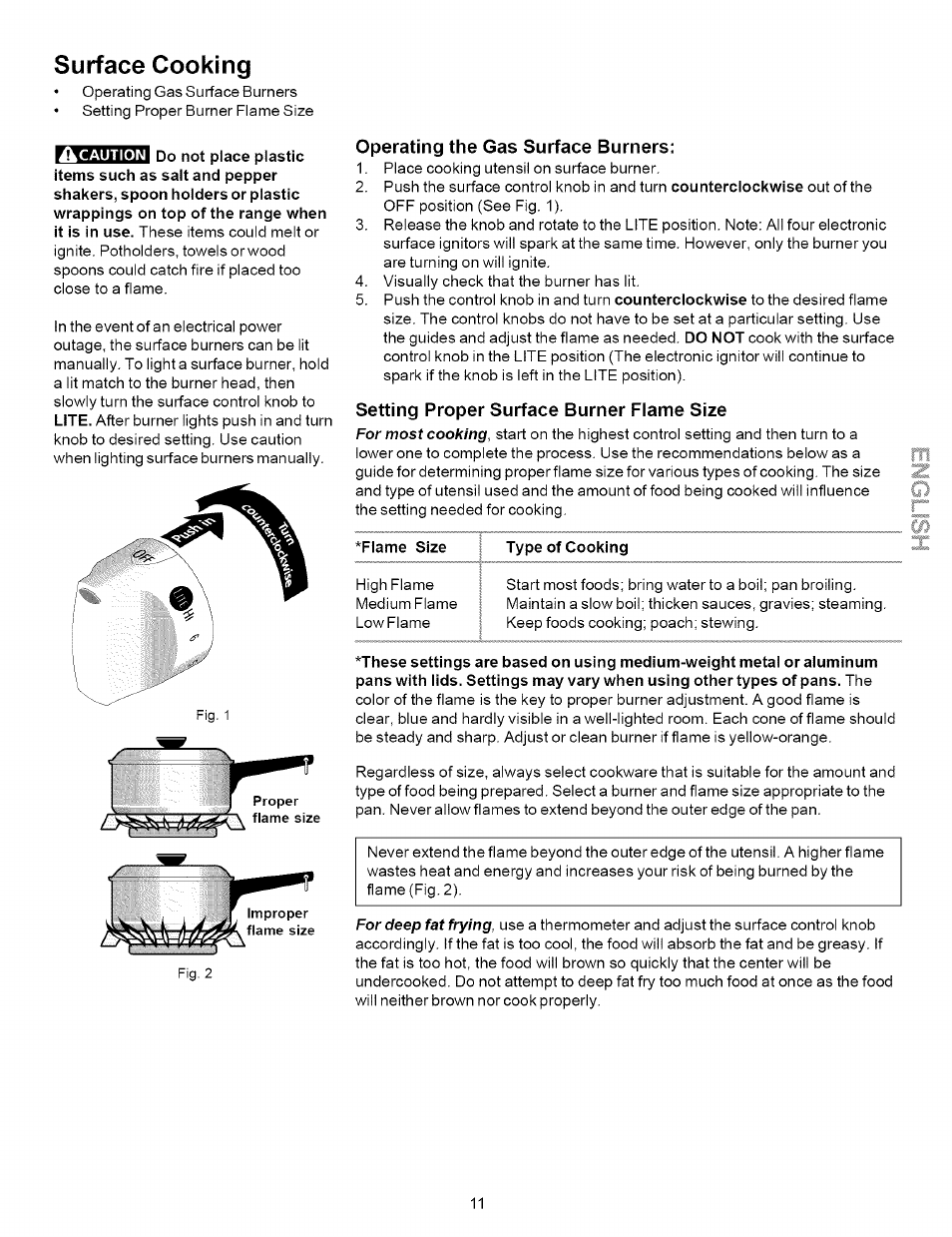 Operating the gas surface burners, Setting proper surface burner flame size, Operating gas surface burners | Surface cooking | Kenmore 790.7937 User Manual | Page 11 / 44
