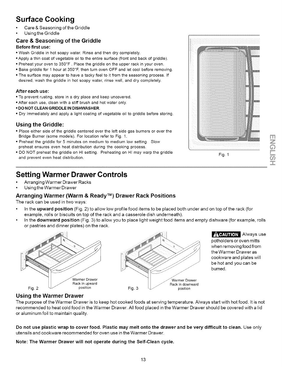 Care & seasoning of the griddle, Using the griddle, Setting warmer drawer controls | Using the warmer drawer, Setting warmer drawer & controls -15, Surface cooking | Kenmore 790.7937 User Manual | Page 13 / 44