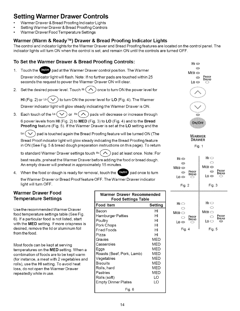 Setting warmer drawer controls, To set the warmer drawer & bread proofing controls, Warmer drawer food temperature settings | Kenmore 790.7937 User Manual | Page 14 / 44