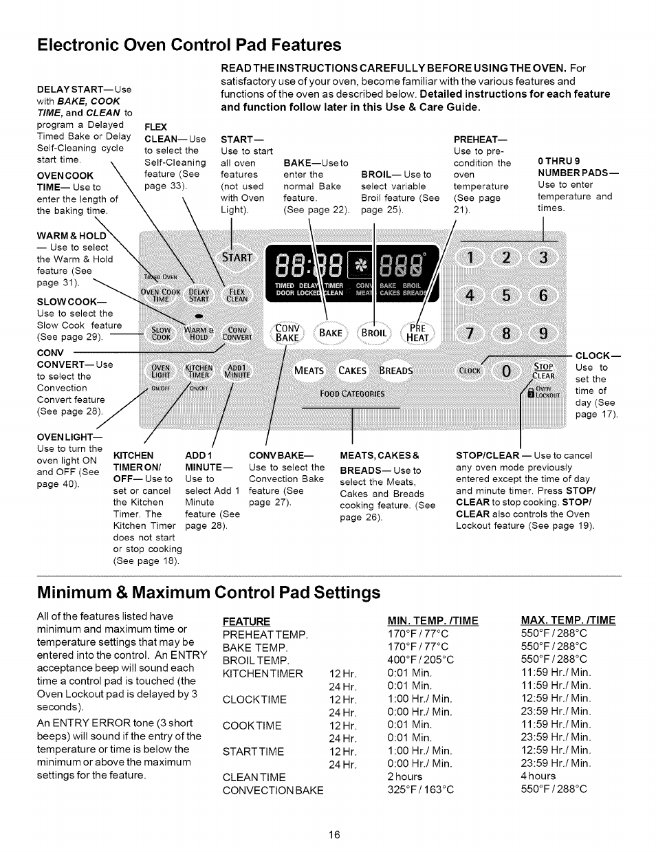 Minimum & maximum control pad settings, Electronic oven control pad features, 13akl liakb bkoil | Kenmore 790.7937 User Manual | Page 16 / 44