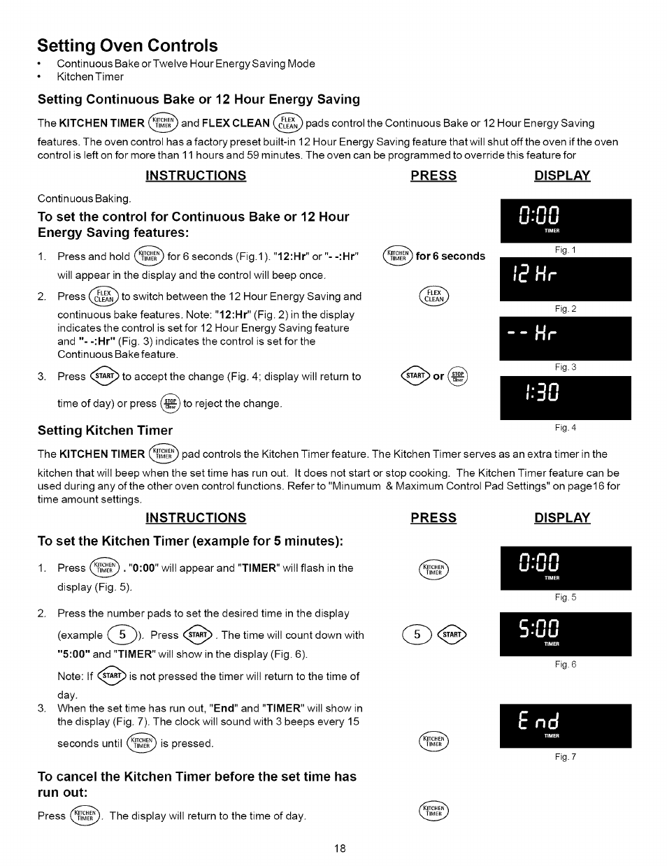Setting oven controls, Setting continuous bake or 12 hour energy saving, Instructions | Setting kitchen timer, Press, Display, U-uu, To set the kitchen timer {example for 5 minutes), Setting oven controls -31, Continuous bake or 12 hour energy saving mode | Kenmore 790.7937 User Manual | Page 18 / 44