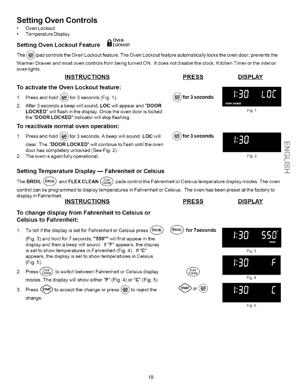 Setting oven lockout feature, Instructions press display, To activate the oven lockout feature | To reactivate normal oven operation, Instructions press, I'30, Setting oven controls | Kenmore 790.7937 User Manual | Page 19 / 44