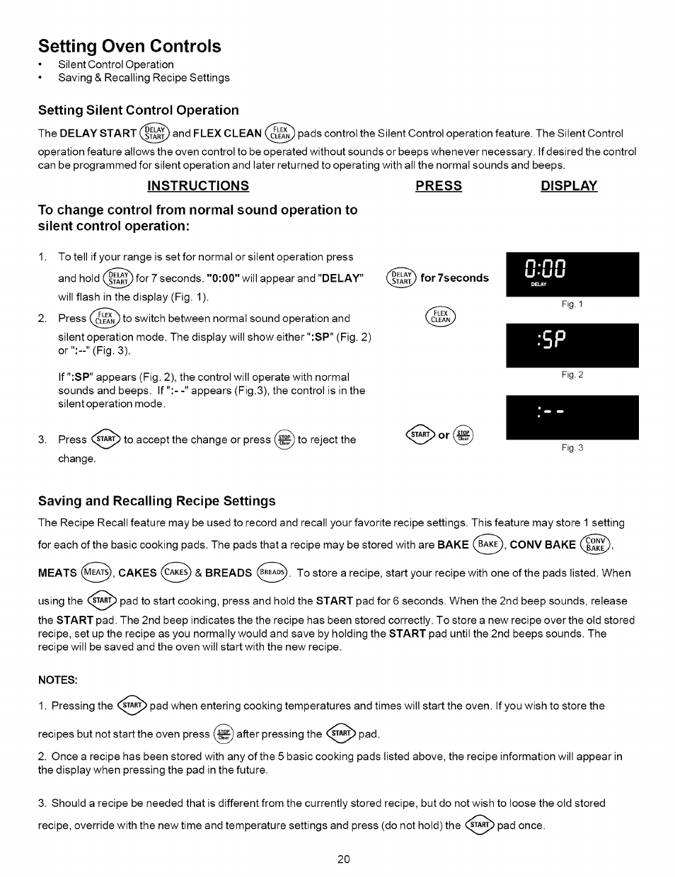 Setting oven controls, Setting silent control operation, Instructions | Press, Display, U-uu, Saving and recalling recipe settings, Before setting oven controls -10, Silent control operation, Saving | Kenmore 790.7937 User Manual | Page 20 / 44