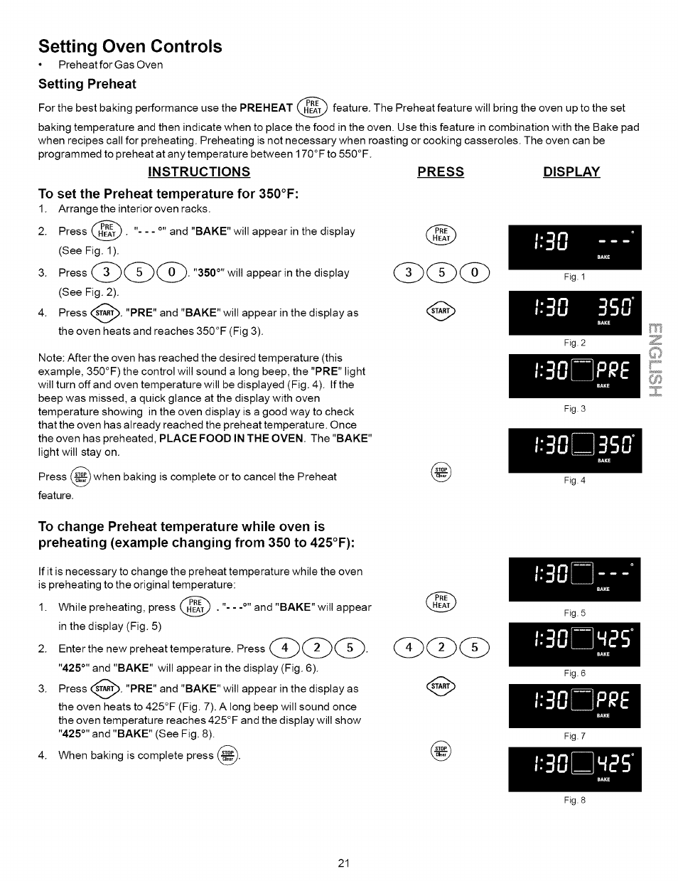 Instructions, Press, To set the preheat temperature for 350°f | Display, Setting oven controls | Kenmore 790.7937 User Manual | Page 21 / 44