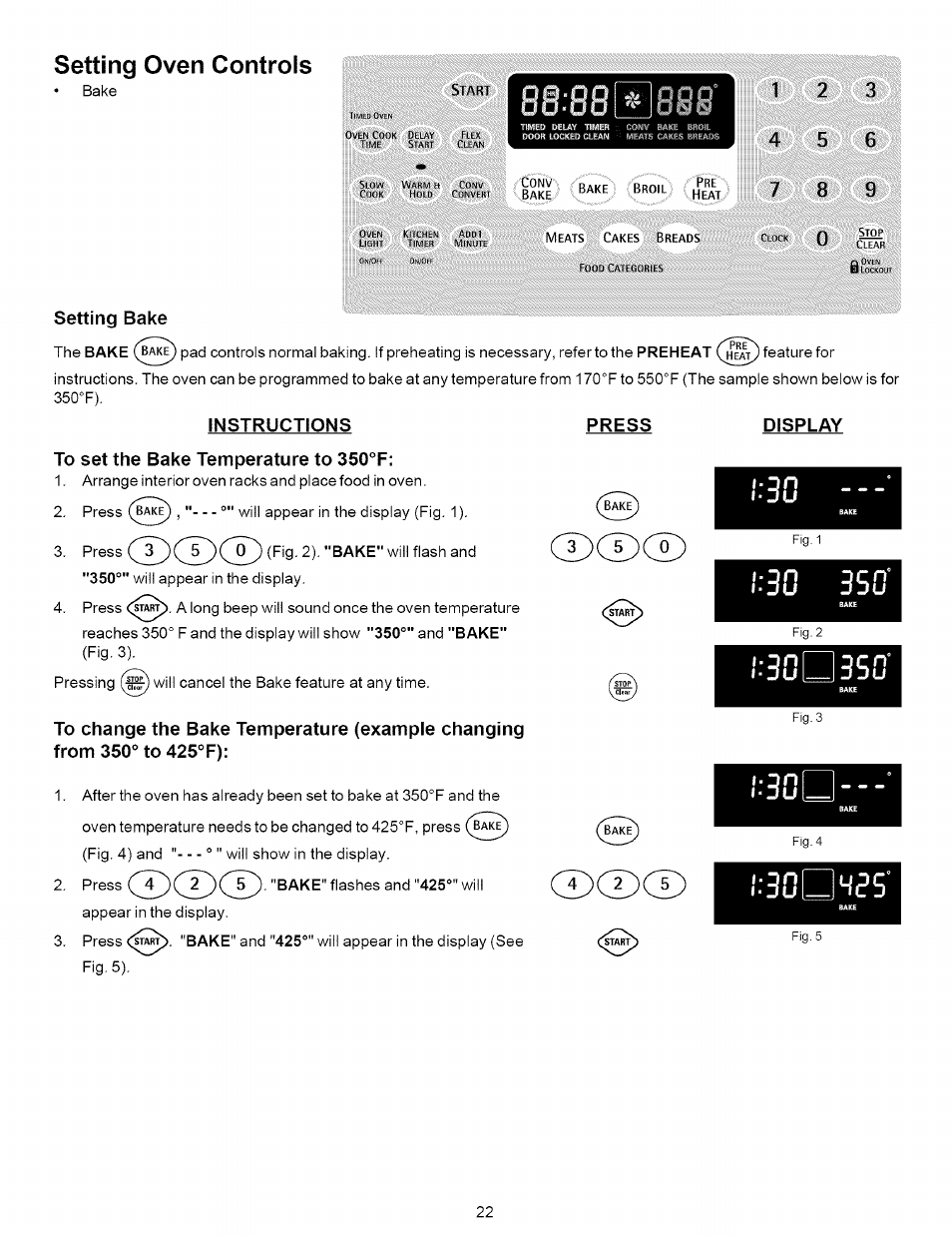 Setting oven controls, Setting bake, Instructions | To set the bake temperature to 350°f | Kenmore 790.7937 User Manual | Page 22 / 44