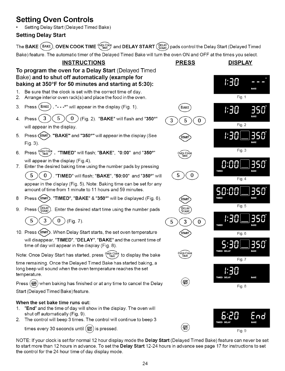 Instructions, Press, Display | Cd cd, 3ud350, 30 end, U-uu l=j jju, Setting oven controls, I-qn □(;n, N-nnl i nrn | Kenmore 790.7937 User Manual | Page 24 / 44