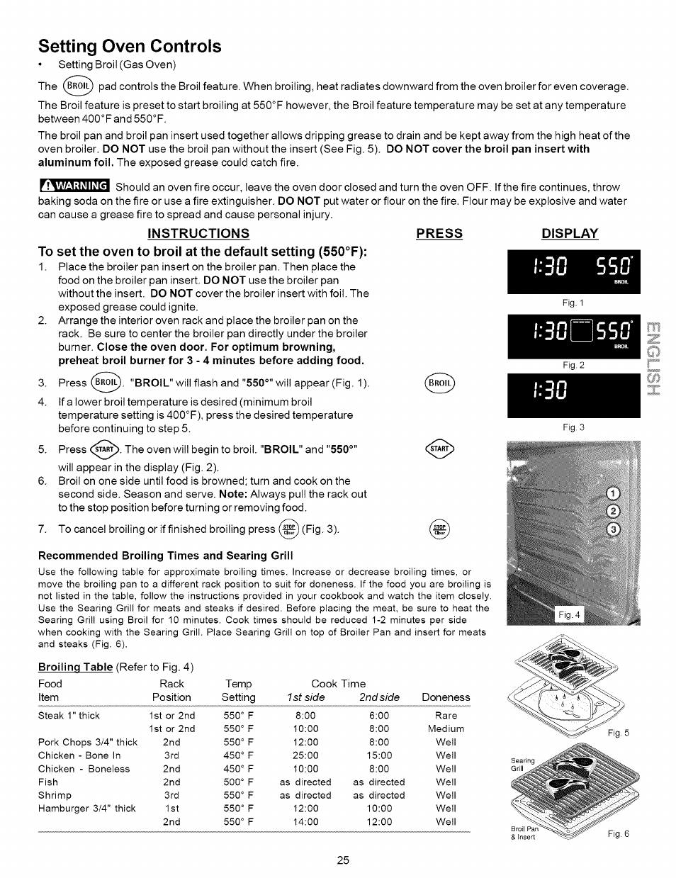 Setting oven controls, Recommended broiling times and searing grill, 3 n c c n | Kenmore 790.7937 User Manual | Page 25 / 44