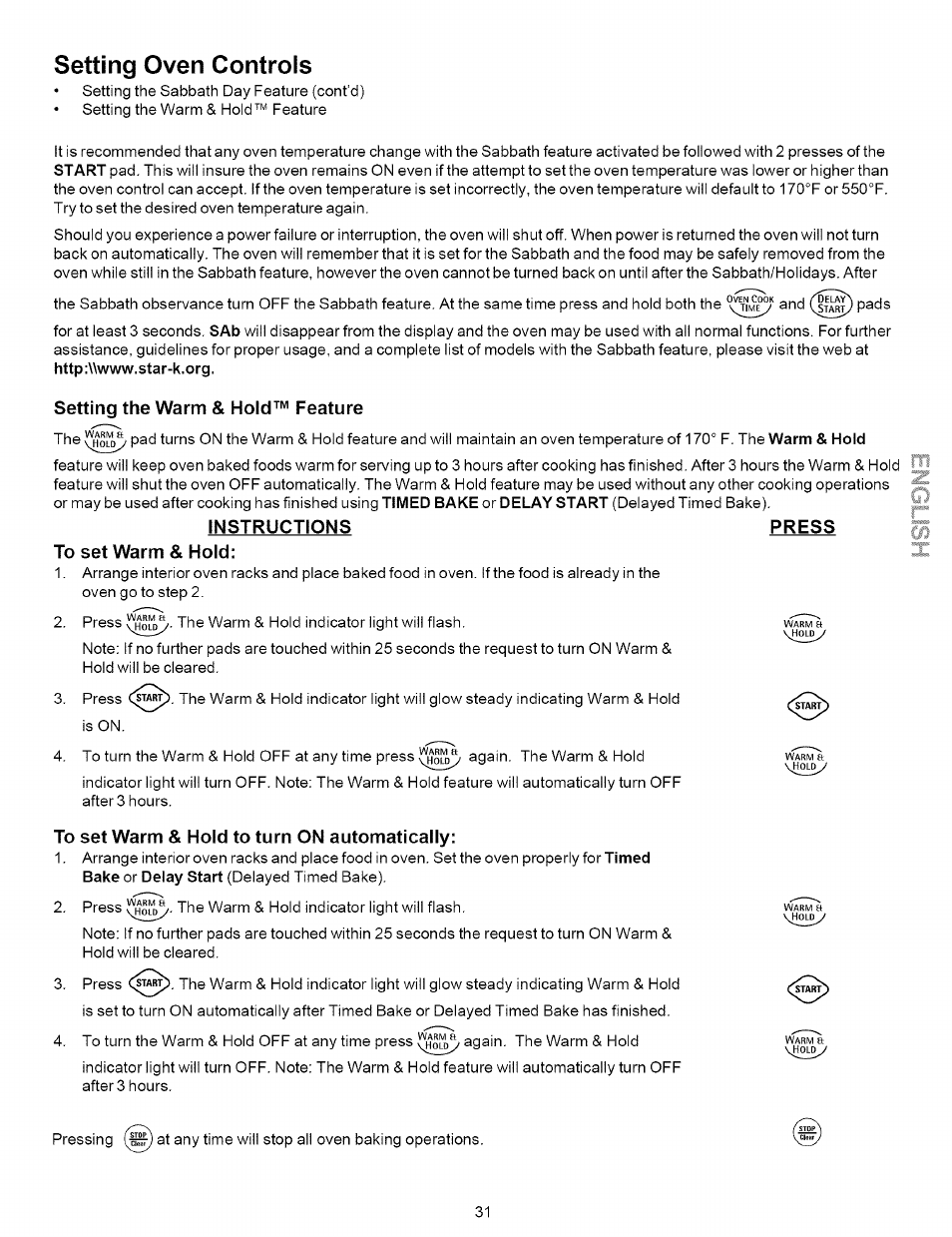 Setting oven controls, Setting the warm & hold™ feature, Instructions to set warm & hold | To set warm & hold to turn on automatically, Setting the sabbath feature -31 | Kenmore 790.7937 User Manual | Page 31 / 44