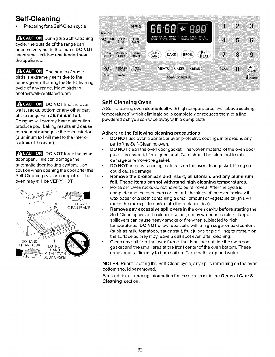 Self-cleaning, Self-cleaning oven, Adhere to the following cleaning precautions | Self-cleaning -34, Bakl i'llai 7 8 | Kenmore 790.7937 User Manual | Page 32 / 44
