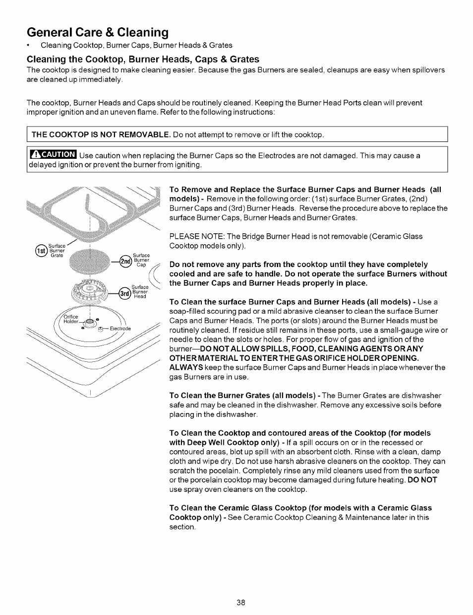 General care & cleaning, Cleaning the cooktop, burner heads, caps & grates | Kenmore 790.7937 User Manual | Page 38 / 44