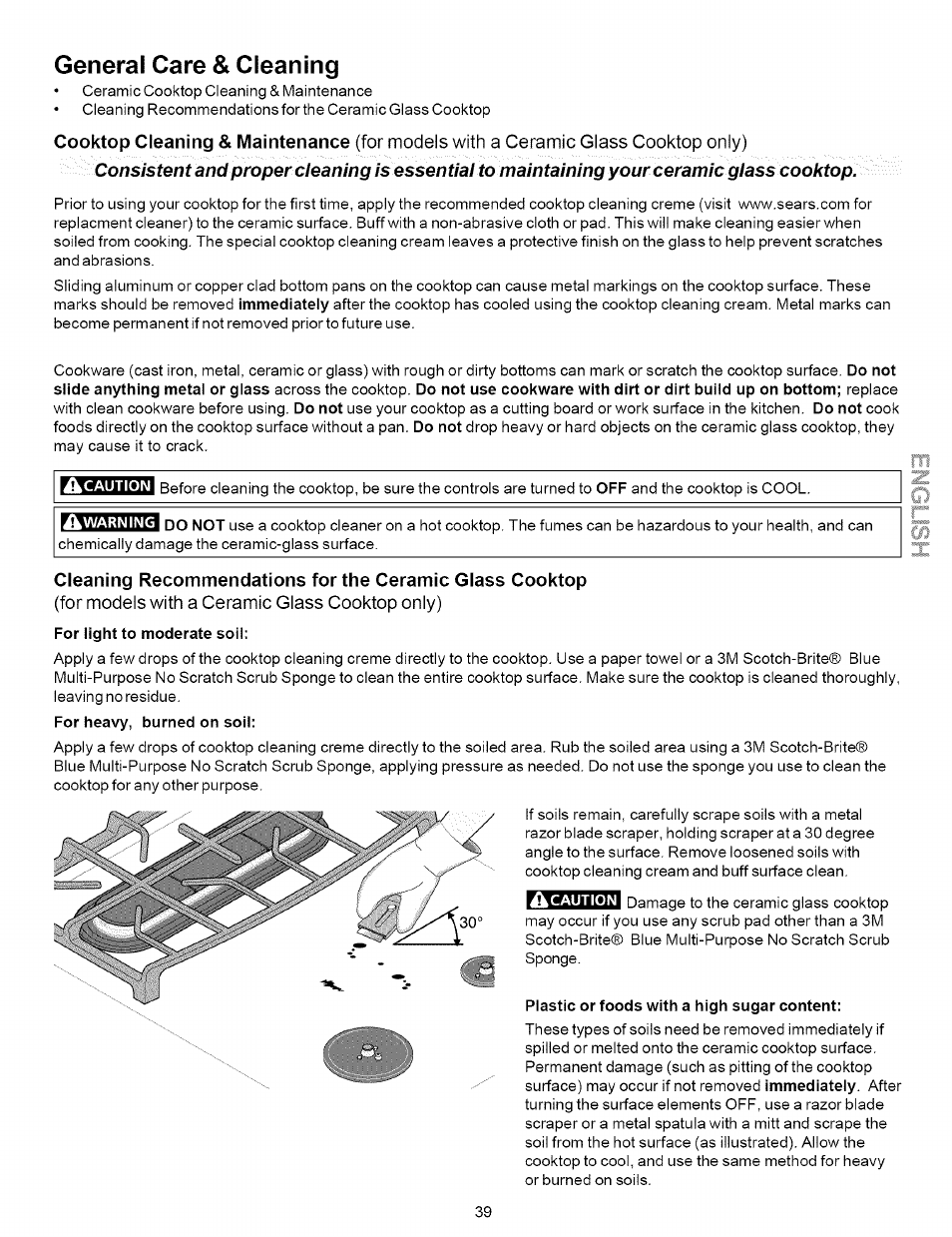 General care & cleaning, For light to moderate soil, Plastic or foods with a high sugar content | Kenmore 790.7937 User Manual | Page 39 / 44