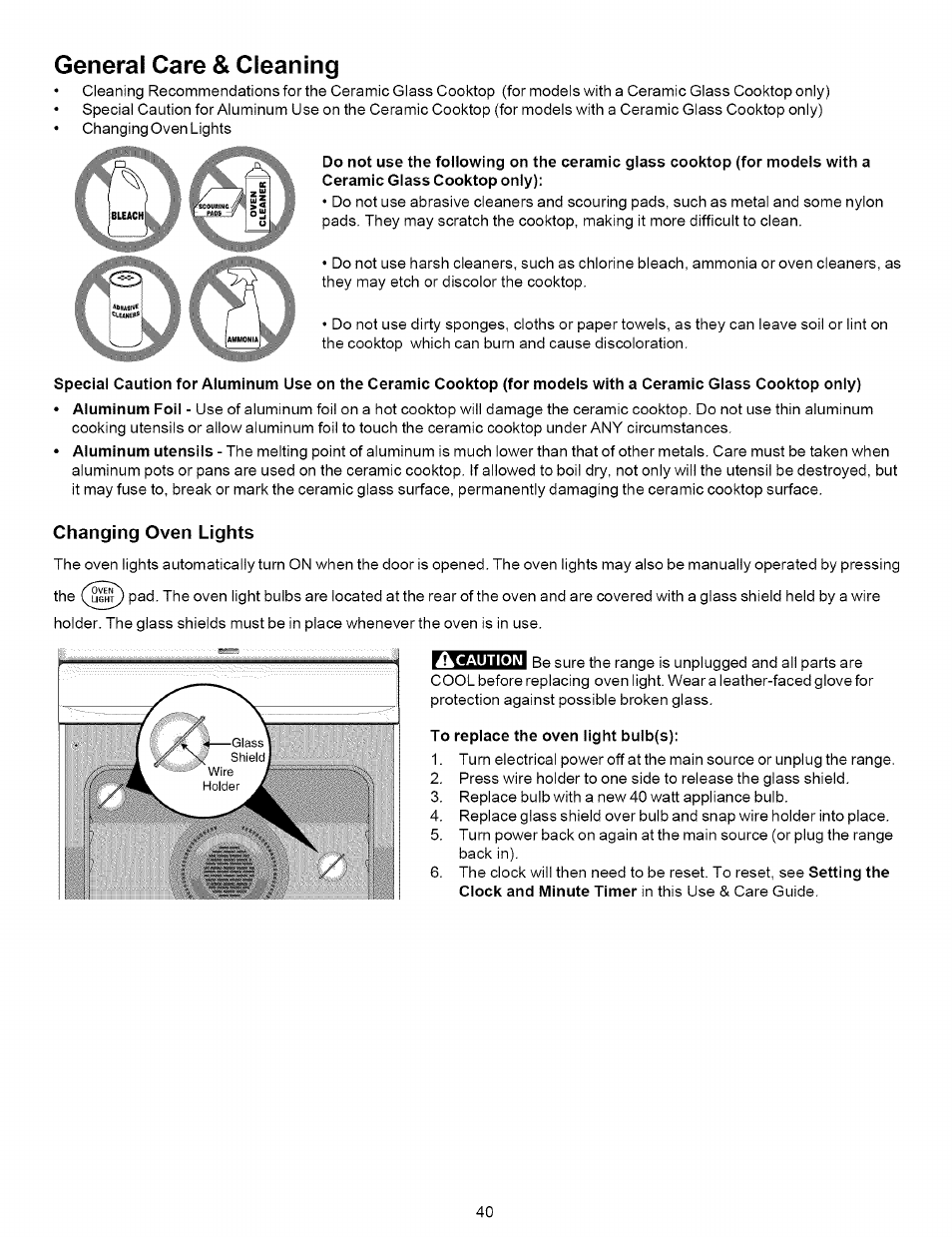 General care & cleaning, Changing oven lights, To replace the oven light bulb(s) | Kenmore 790.7937 User Manual | Page 40 / 44