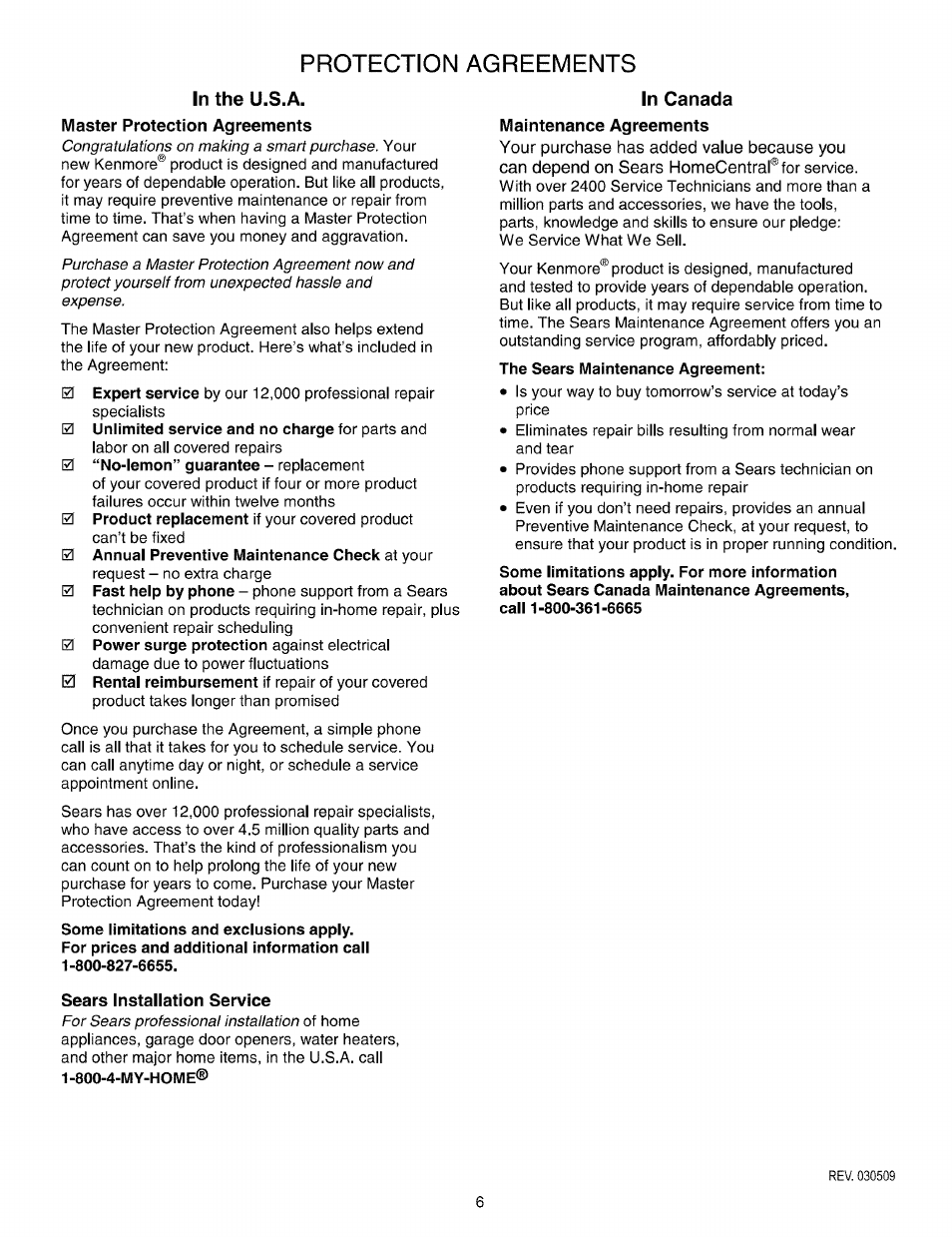 In the u.s.a, Master protection agreements, Sears installation service | In canada, Maintenance agreements, Protection agreements | Kenmore 790.7937 User Manual | Page 6 / 44