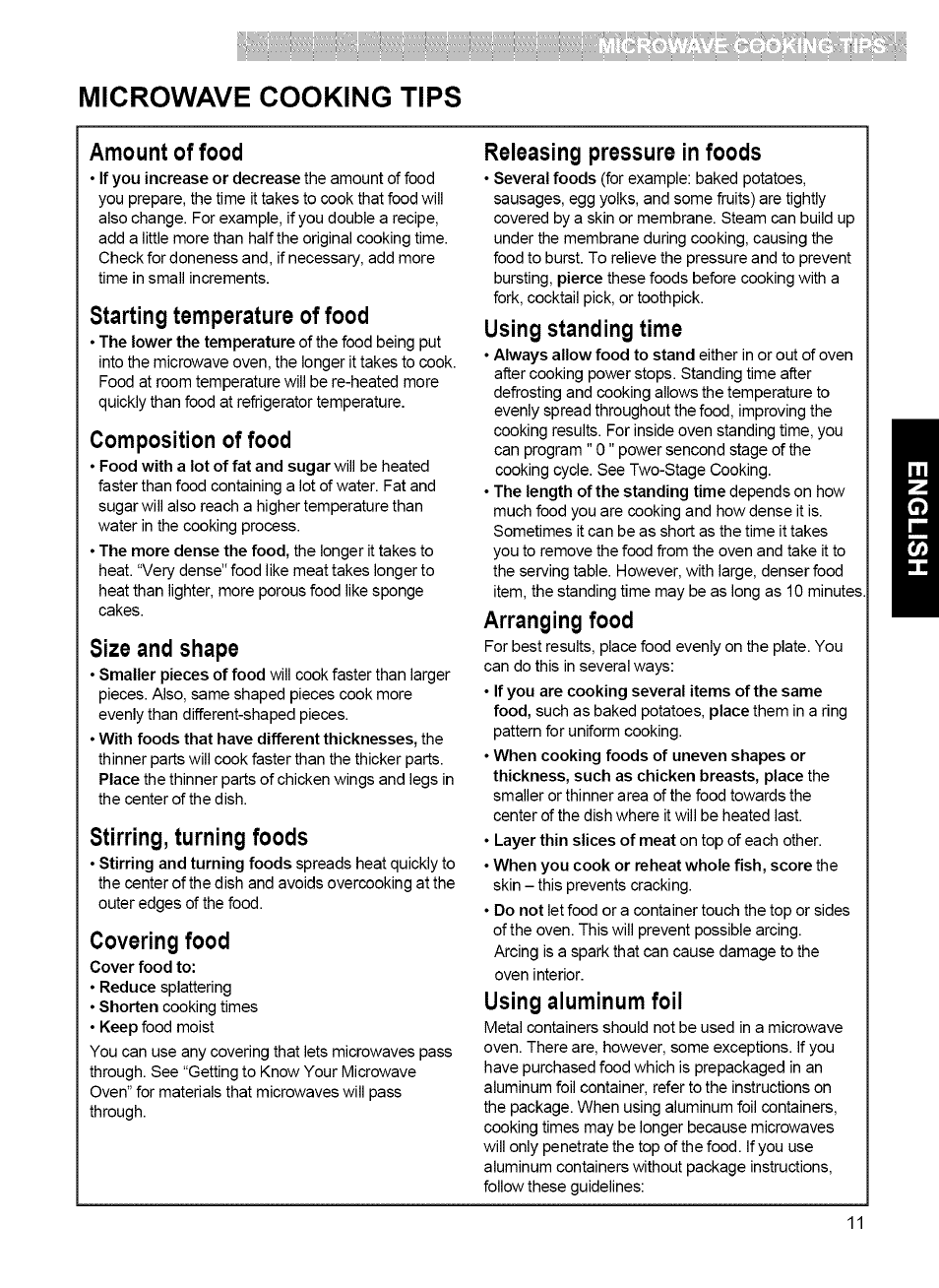 Amount of food, Starting temperature of food, Composition of food | Size and shape, Stirring, turning foods, Covering food, Reieasing pressure in foods, Using standing time, Arranging food, Using aluminum foil | Kenmore MICROWAVE HOOD COMBINATION 721.80034 User Manual | Page 11 / 33