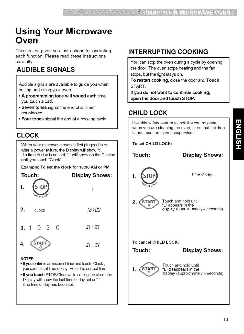 Audible signals, Clock, Interrupting cooking | Child lock, Using your microwave oven, 1 . istop | Kenmore MICROWAVE HOOD COMBINATION 721.80034 User Manual | Page 13 / 33