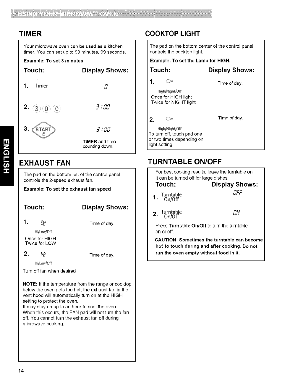 Exhaust fan, Turntable on/off, Timer cooktop light | Kenmore MICROWAVE HOOD COMBINATION 721.80034 User Manual | Page 14 / 33