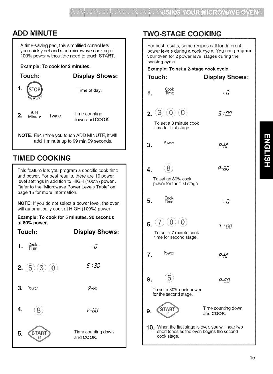 Add minute, Timed cooking, Add minute two-stage cooking | Kenmore MICROWAVE HOOD COMBINATION 721.80034 User Manual | Page 15 / 33